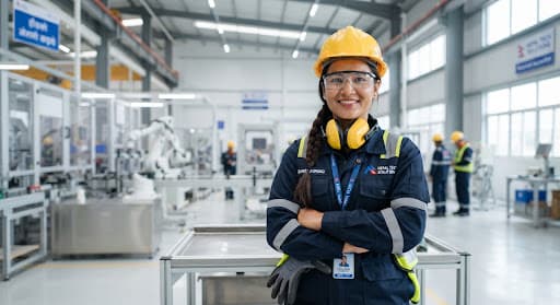 Confident Nepalese worker in clean safety gear in a bright industrial setting