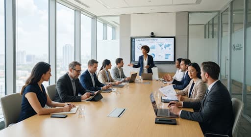Modern corporate boardroom with professionals in a strategic meeting